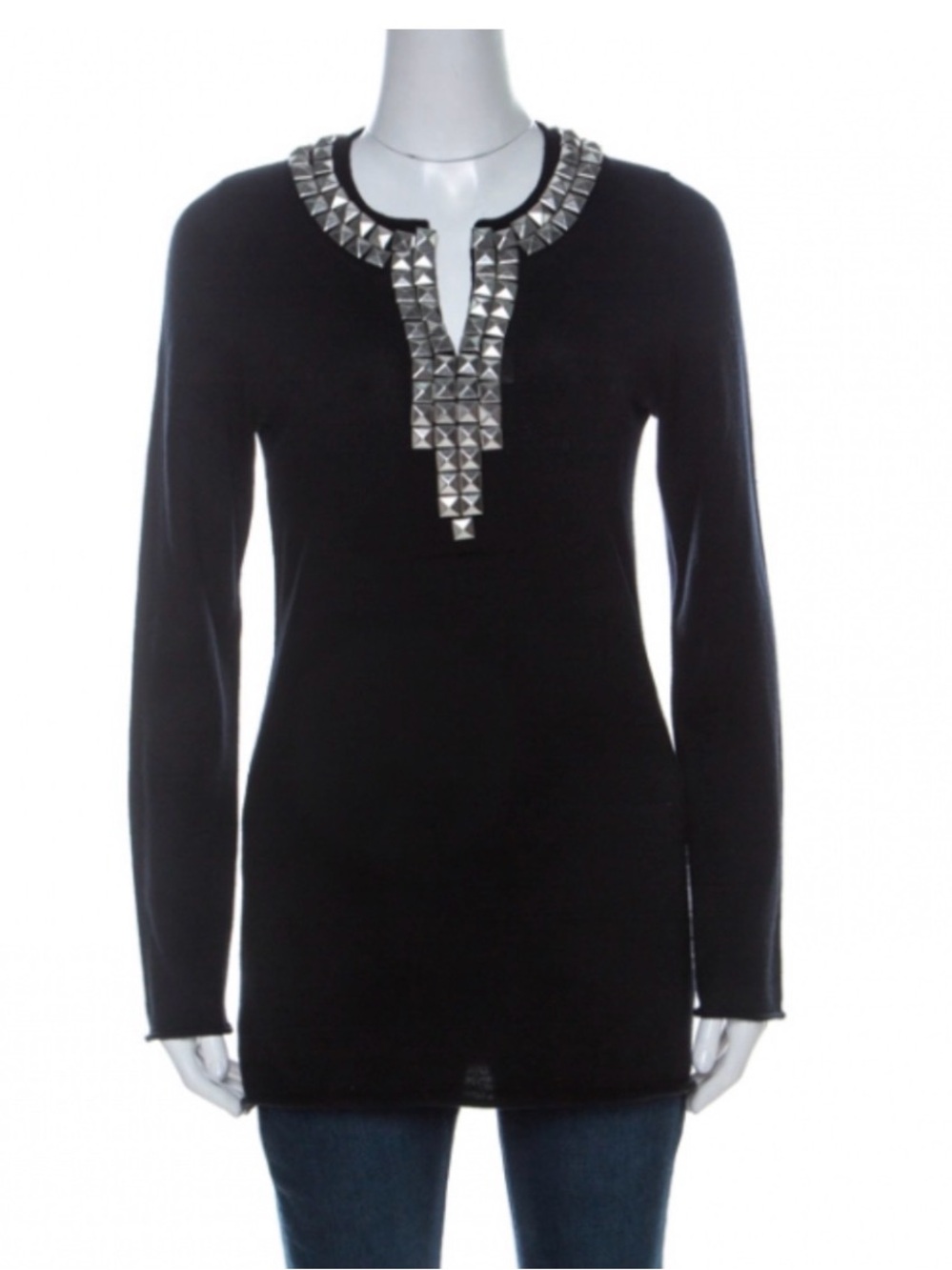 Tory Burch Black Crewneck Sweater with Silver Stud Trim wool Euc XS